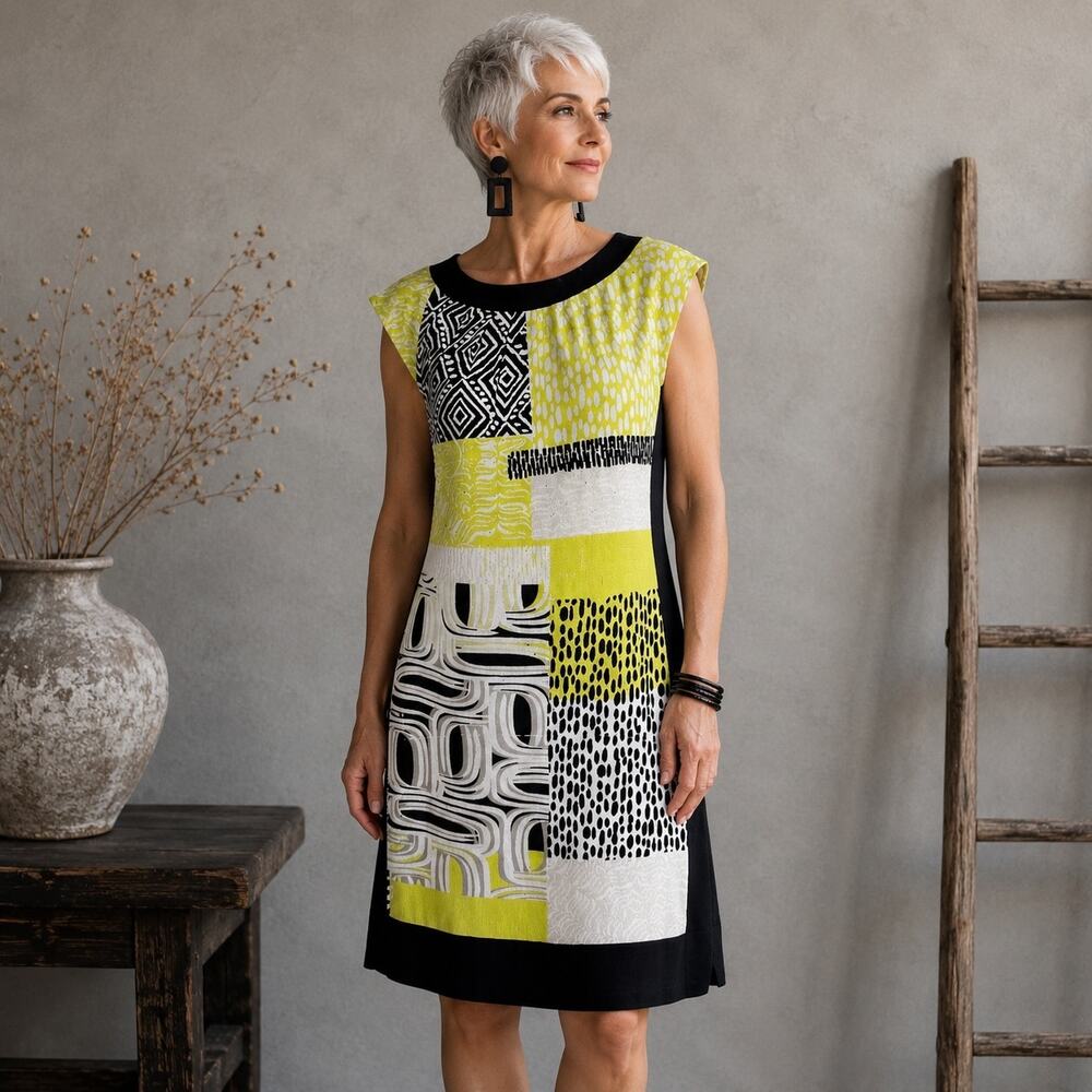 Chico's Black White Neon Yellow Knit Sleeveless Dress 0